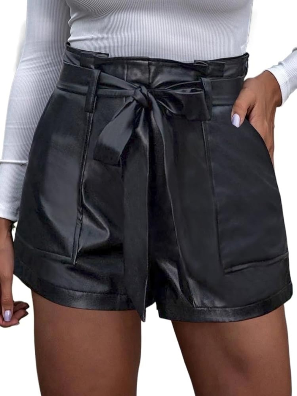 High-Waist Black Faux Leather Paperbag Shorts with Tie